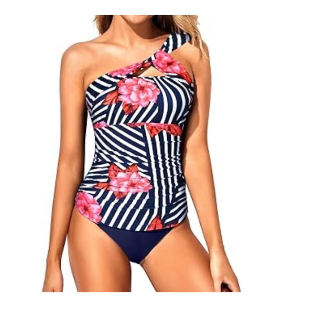 Navy blue floral 2piece 1 shoulder Tankini Bathing Suit